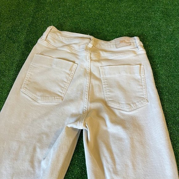 Zara Women's Split Raw Hem High Rise Denim Collection Beige Jeans Pants Size 06 - Picture 11 of 16